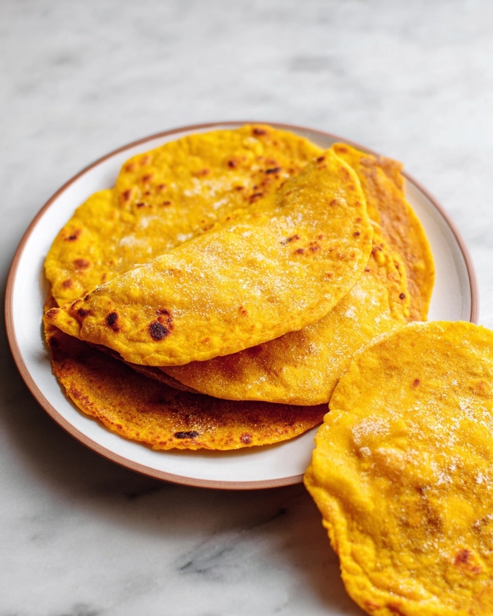 The image shows three orange-yellow flatbreads stacked on a white plate with a thin brown rim, placed on a white marbled surface. The top flatbread is folded in half, revealing a slightly uneven texture with some darker brown spots from cooking. Two more flatbreads lie flat on the marbled surface near the plate, showing the same golden-orange color and rough, bumpy texture with some light flour dusting. The flatbreads have an irregular circular shape with crispy edges and a soft center. The photo taken with an iphone --ar 4:5 --v 7