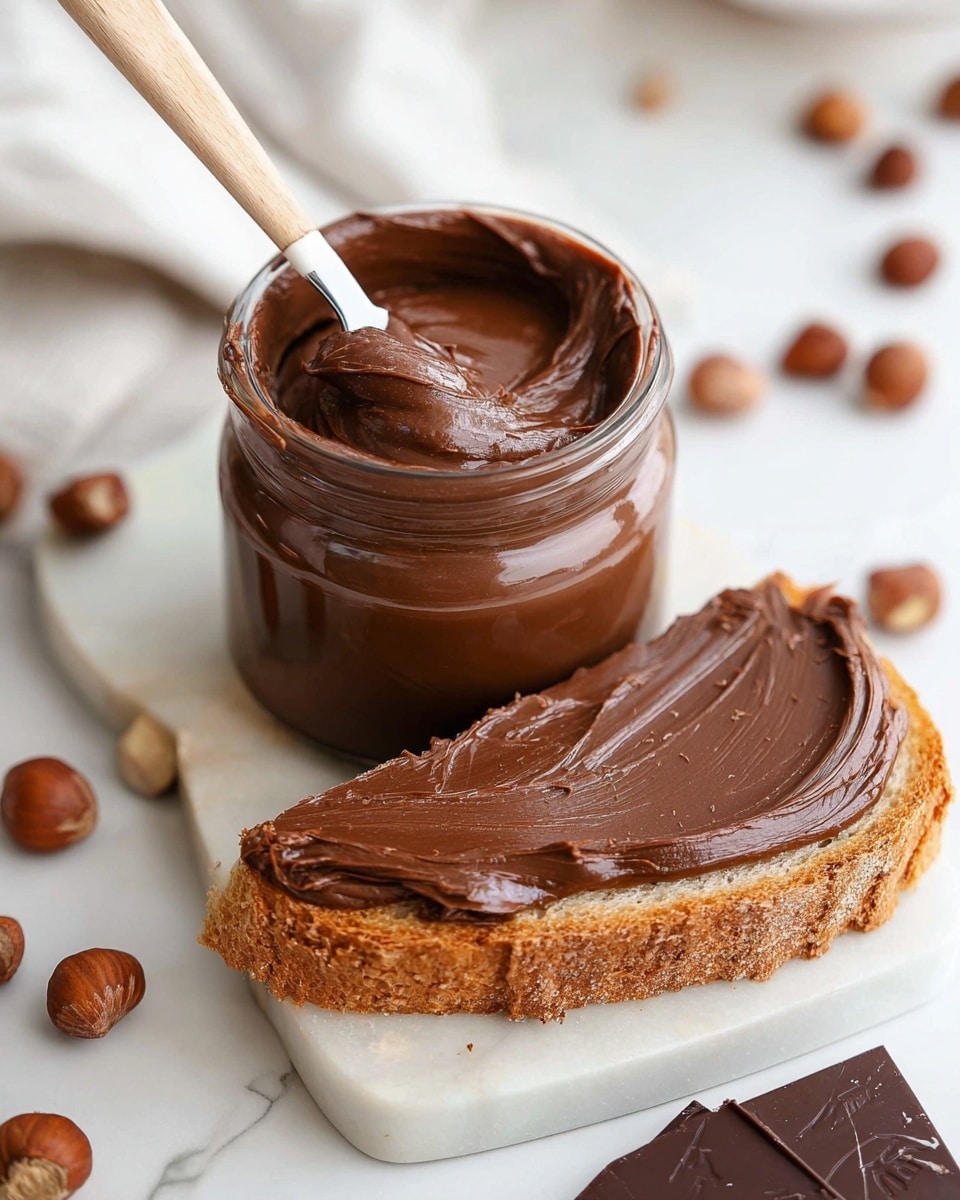 A clear glass jar filled with thick, smooth chocolate spread showing glossy texture, with a light wooden stick dipped inside and a swirl of spread on its tip; beside the jar, a slice of brown crusty bread lays on a light wood board, covered evenly with a thick layer of the same chocolate spread having creamy swirls; the scene is on a white marbled surface with scattered whole hazelnuts and pieces of dark chocolate around, all softly lit, photo taken with an iphone --ar 4:5 --v 7