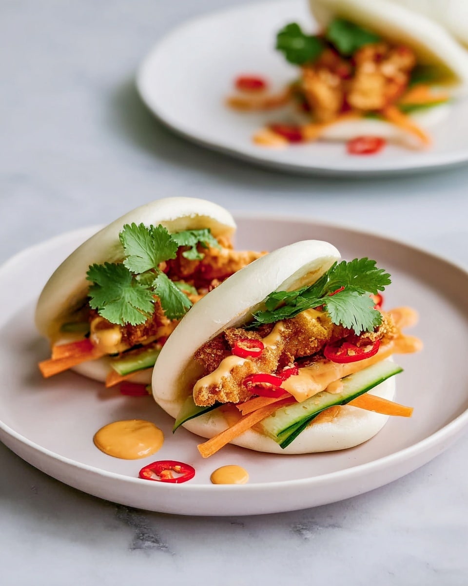Two white folded steamed buns sit side by side on a white plate, each filled with a layer of crispy light brown fried chicken pieces, followed by thin green cucumber sticks and thin orange carrot strips. Bright red chili slices are scattered inside and around the buns, with a few droplets of creamy orange sauce visible inside and on the plate. Each bun is topped with fresh green cilantro leaves. The plate rests on a white marbled surface. In the background, another white plate with a similar bun is slightly blurred. Photo taken with an iphone --ar 4:5 --v 7