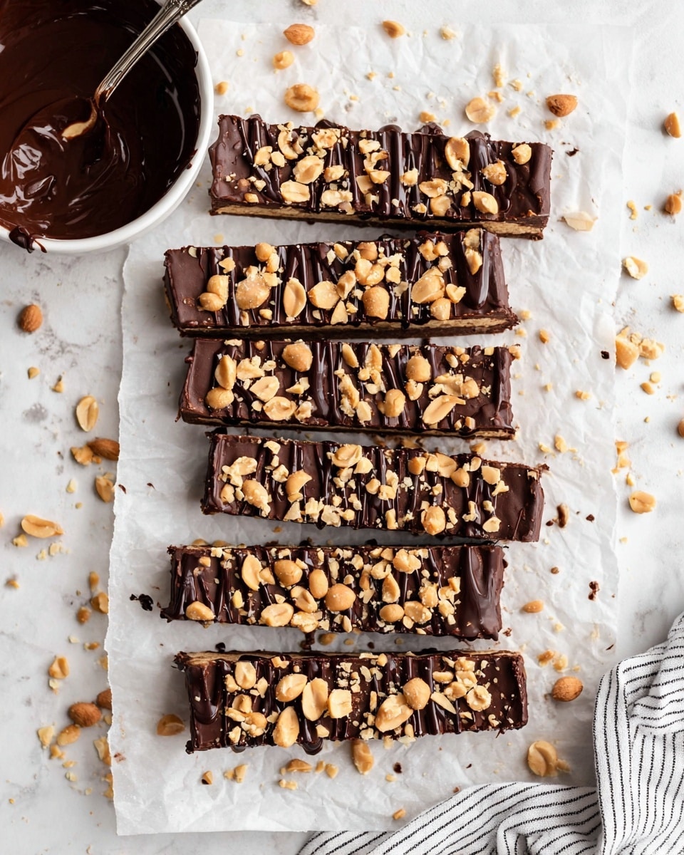 The image shows eight rectangular chocolate bars arranged vertically on a piece of white parchment paper over a white marbled surface. Each bar has a thick, dark chocolate top layer with a shiny texture drizzled with more dark chocolate and sprinkled generously with broken light tan peanut pieces. The base of the bars is a darker, denser chocolate layer, visible on the sides. To the top left, there is a white bowl filled with dark melted chocolate and a spoon inside it. Scattered peanuts and small bits of chocolate drizzle surround the bars on the parchment, adding a rustic look. A striped white and black cloth is partly visible at the bottom right corner. photo taken with an iphone --ar 4:5 --v 7