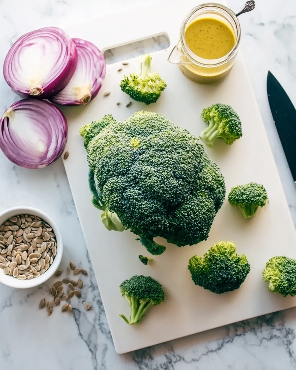 The image shows a white cutting board on a white marbled surface. On the board, there is a whole broccoli head at the bottom center with its dark green, bumpy texture and smaller broccoli florets scattered around it, showing a bright green color and rough texture. To the top left, there is a halved red onion with clear layers of light purple and white rings. To the right of the board, a small glass jar filled with golden mustard sauce is placed. In the lower left corner, a small white bowl contains sunflower seeds, showing their pale brown, smooth texture. A black knife lies horizontally near the top edge of the cutting board. A woman's hand is not visible but implied to be nearby. The overall look is fresh and clean. photo taken with an iphone --ar 4:5 --v 7