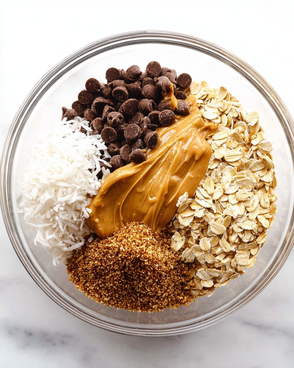 A clear glass bowl sits on a white marbled surface filled with five separate layers of ingredients. On the right is a thick, smooth layer of light brown peanut butter, next to it is a pile of pale yellow oats with a slightly rough texture. Above the oats, there is a cluster of shiny dark brown chocolate chips. To the left, a heap of shredded white coconut with a fluffy texture is visible. Finally, in the bottom center is a mound of finely ground brown flaxseed with a slightly coarse texture. A small amount of amber liquid is visible near the chocolate chips. photo taken with an iphone --ar 4:5 --v 7