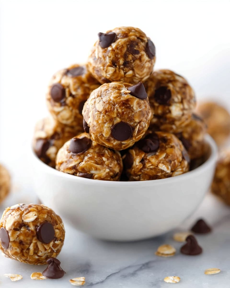 The image shows a white bowl filled with round oatmeal energy bites. Each bite has a rough texture made of oats and is dotted with several dark chocolate chips that stand out against the light brown oat mixture. The bites look dense and slightly sticky, stacked in the bowl with some placed outside near the bowl on a white marbled surface. The close-up view highlights the oats' grainy texture and the shiny, smooth chocolate chips on each bite. Photo taken with an iphone --ar 4:5 --v 7