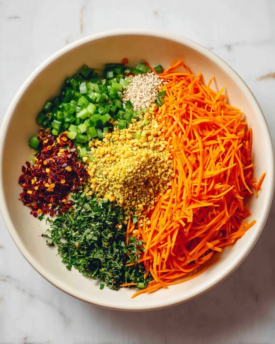 A white bowl sits on a white marbled surface, filled with five distinct layers of ingredients arranged separately but close together. On the top right, there is a large pile of bright orange julienned carrots forming a textured layer. To the left of the carrots, finely chopped green scallions create a vibrant green section. At the center, a rough mound of crushed yellow nuts adds a coarse texture contrasting with the smooth carrot strips. Below the nuts is a layer of finely chopped dark green herbs, providing a leafy, fresh look. At the bottom left, there are small piles of reddish dried chili flakes mixed with a few white sesame seeds scattered near them, adding a touch of warmth and detail. Photo taken with an iphone --ar 4:5 --v 7