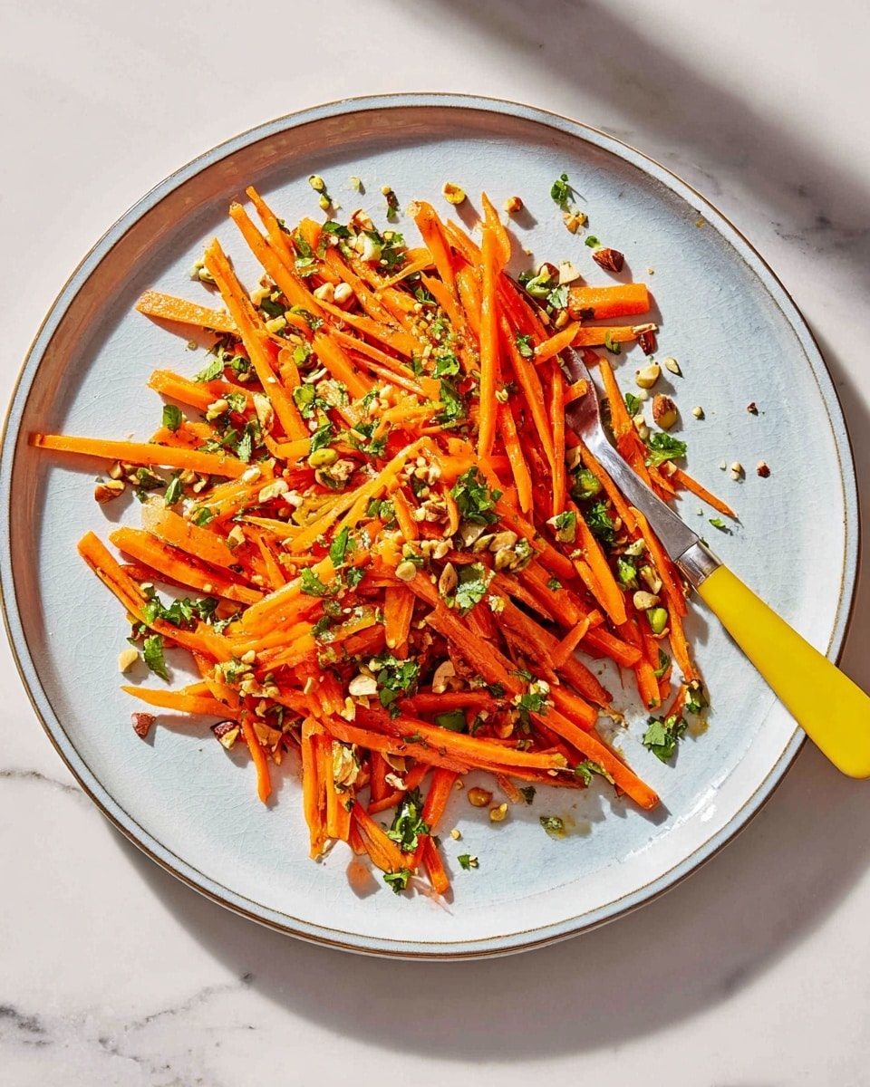 The dish shows a pile of bright orange carrot sticks arranged loosely on a large white plate, mixed with small bits of green herbs and chopped nuts that add texture and color contrast. The carrots are thin and long with a fresh, moist appearance, scattered evenly with tiny pieces of green herbs and crunchy nuts throughout. A silver fork with a yellow handle rests on the side of the plate, catching some light. The plate sits on a white marbled surface with soft natural light casting gentle shadows. Photo taken with an iphone --ar 4:5 --v 7