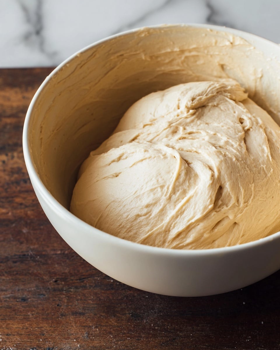 A close-up of a white bowl filled with a smooth, pale beige dough that has a slightly glossy texture, showing soft ridges and folds. The bowl is placed on a dark wooden surface with a white marbled background barely visible around the edges. The dough looks fresh and well-kneaded, centered in the bowl with a thick, creamy appearance photo taken with an iphone --ar 4:5 --v 7