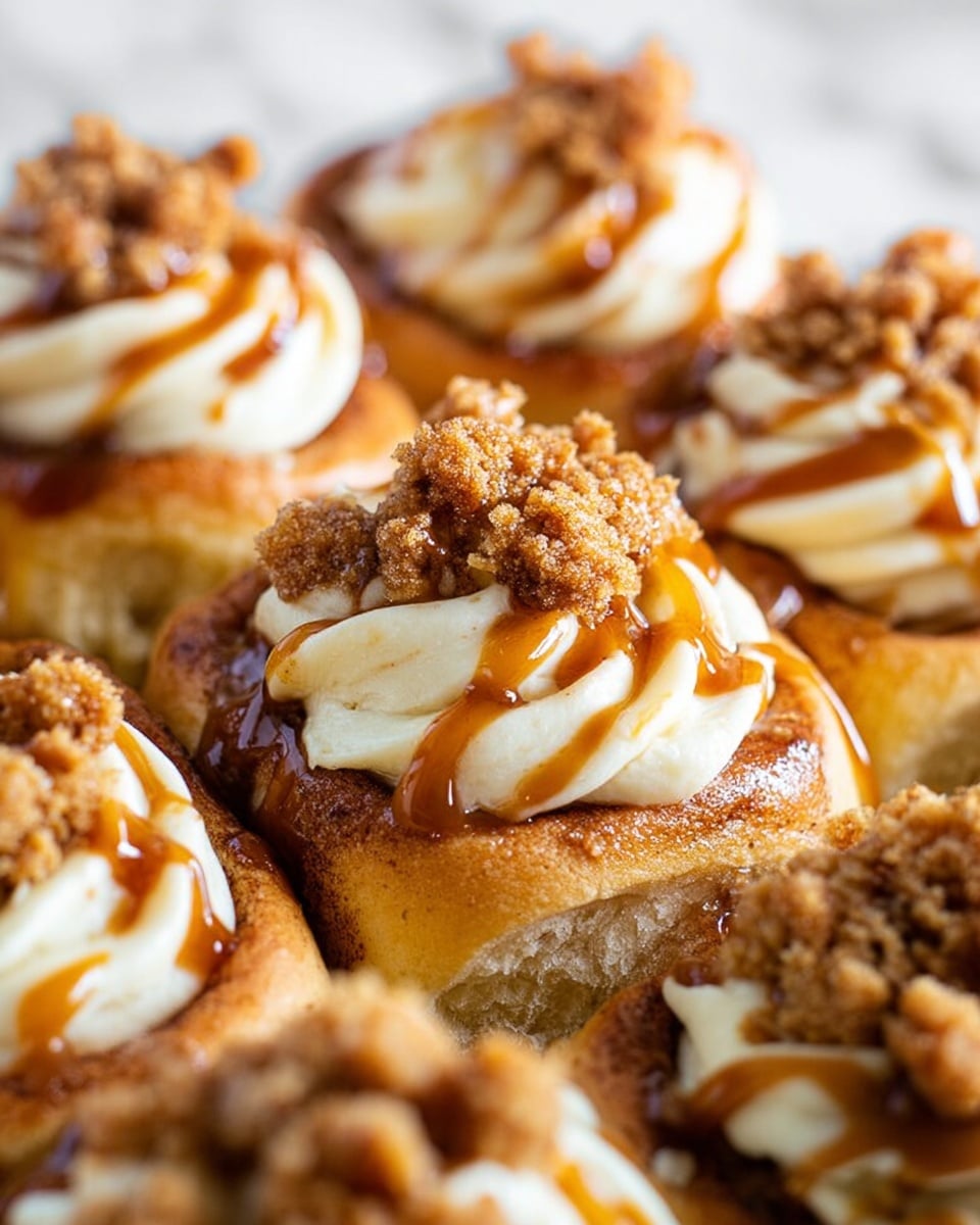 The image shows a close-up view of soft, golden-brown baked rolls arranged next to each other. Each roll is topped with a swirl of creamy, light beige frosting, drizzled with glossy caramel sauce in thin lines. On top of the caramel, there are small clusters of crumbly brown streusel, adding a crunchy texture. The background is a white marbled surface, creating a clean contrast with the warm colors of the rolls and toppings. photo taken with an iphone --ar 4:5 --v 7