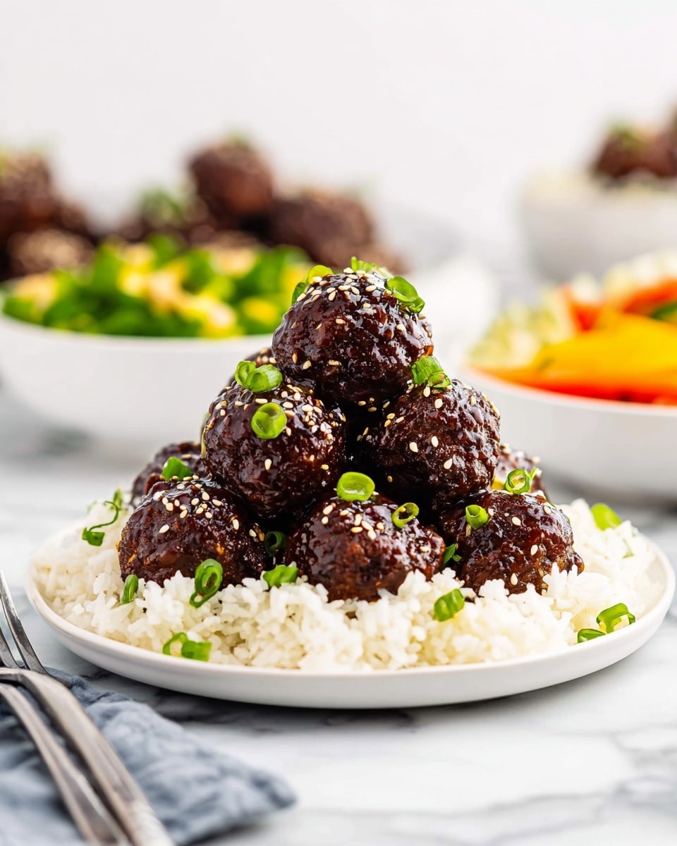 A white plate holds a neat pile of dark brown meatballs covered in a shiny glaze, stacked in a pyramid shape in the center. The meatballs are sprinkled with white sesame seeds and small pieces of bright green scallions. The base layer of the plate is made of soft, fluffy white rice that surrounds the meatballs on all sides. In the blurred background, there are white bowls with colorful mixed vegetables and green chopped herbs, adding pops of yellow, orange, and green. The setting is on a white marbled surface, with a silver fork and knife placed nearby. Photo taken with an iphone --ar 4:5 --v 7