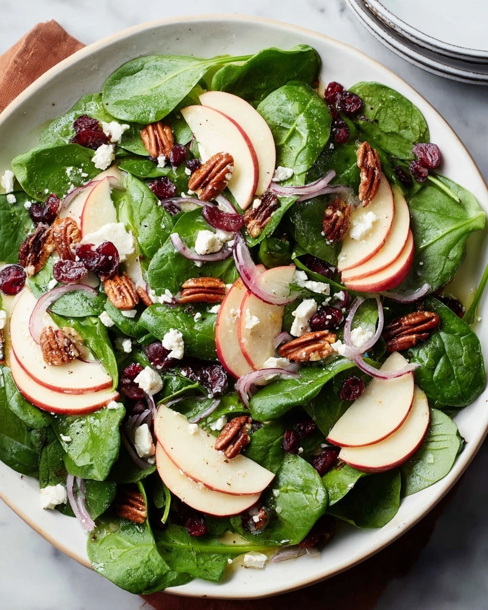 A round white plate is filled with fresh dark green spinach leaves layered as the base, topped with thinly sliced pale red apple slices arranged in small clusters, scattered toasted brown pecans, small bits of white cheese, dried dark red cranberries, and thin slices of light purple onion spread evenly over the salad. The dish is placed on a white marbled surface with a stack of white plates in the top right corner. photo taken with an iphone --ar 4:5 --v 7