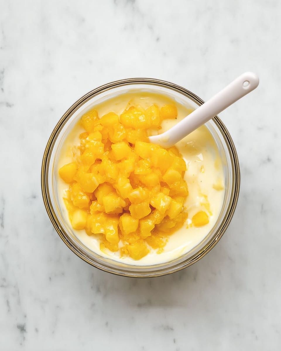 A clear glass bowl sits on a white marbled surface, filled with two main layers; the bottom layer is smooth and creamy with a pale yellow color, and the top layer consists of small, bright yellow-orange diced fruit pieces that appear juicy and soft. A white spatula with some fruit pieces on it rests inside the bowl, partially leaning on the side. Photo taken with an iphone --ar 4:5 --v 7