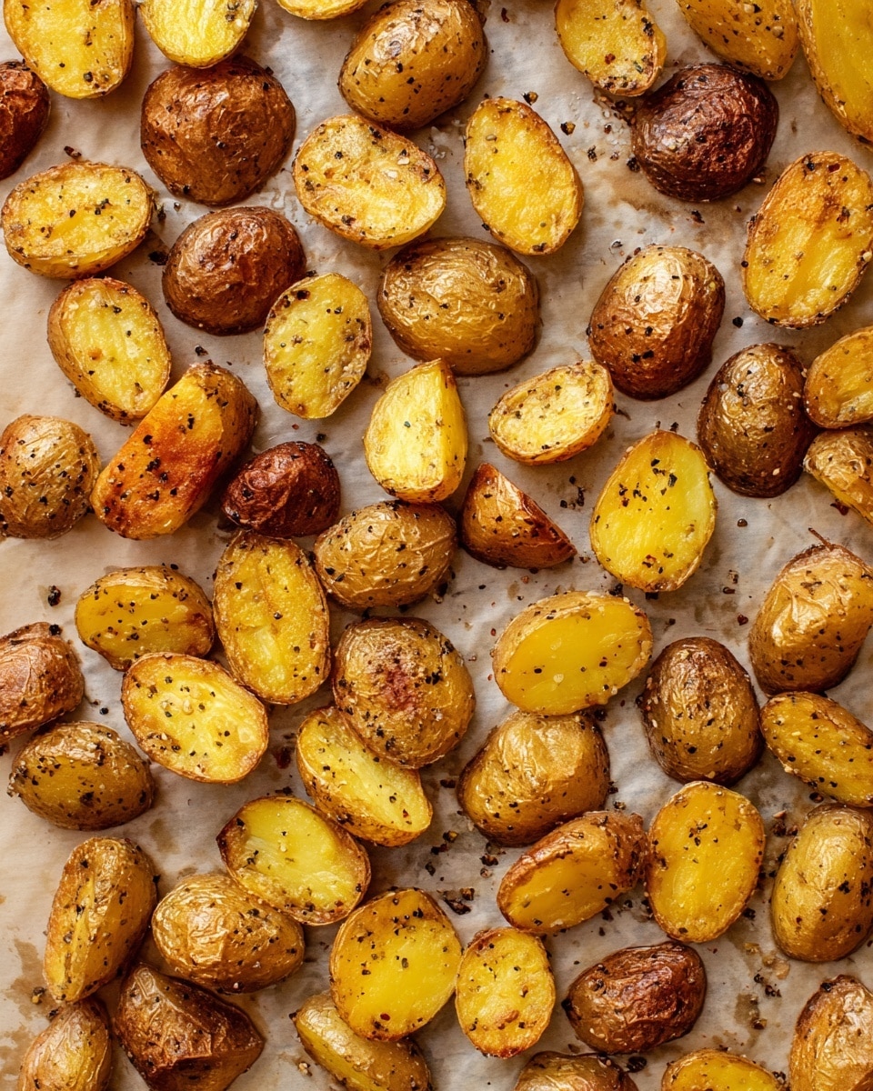 The image shows a single layer of roasted baby potatoes spread out evenly on a baking sheet lined with light brown parchment paper. The potatoes are cut into halves or quarters, with skins that range from golden yellow to a darker crispy brown. The surface of the potatoes looks slightly shiny from oil and is speckled with black pepper and seasoning. The texture of the potato skin appears crispy, while the inside looks soft and tender. The photo is taken from above and the background is a white marbled texture photo taken with an iphone --ar 4:5 --v 7