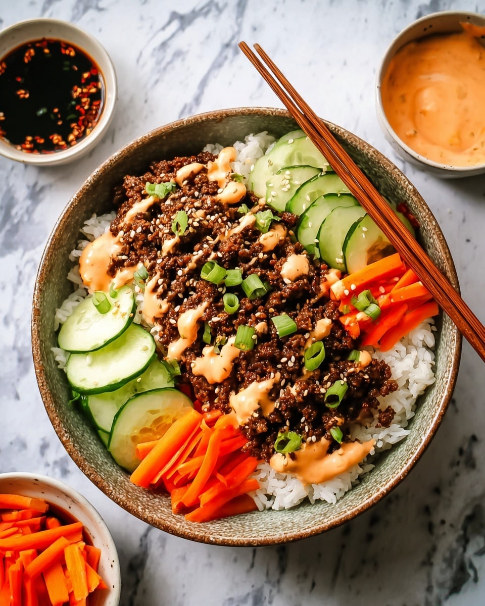 A bowl with a layer of white rice at the bottom, topped with dark brown cooked ground meat spread over one half. On the other half, bright orange carrot sticks and green cucumber slices are arranged in neat rows. The meat is drizzled with a light orange creamy sauce and sprinkled with small green onion pieces and white sesame seeds. Two wooden chopsticks rest on the bowl's rim. Around the bowl, there are small dishes with soy sauce, more carrot sticks, and cucumber slices, all set on a white marbled surface. Photo taken with an iphone --ar 4:5 --v 7