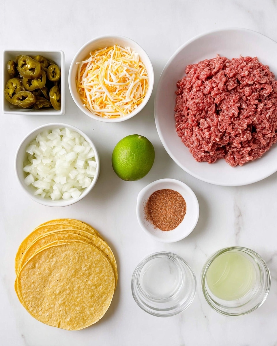 The image shows six white bowls and plates arranged neatly on a white marbled surface. Starting from the bottom left, there are three stacked round yellow corn tortillas, next to a half-cut bright green lime. Above that, a small white bowl holds chopped white onions, and directly above is a larger white bowl filled with shredded yellow and white cheese. To the right, there is a medium-sized white plate full of raw ground red meat with visible texture lines. Above that plate is a small white bowl containing reddish-brown seasoning powder. To the far right, there is a clear glass bowl with a small amount of light green lime juice. At the top left corner, a small white square bowl contains pickled green jalapeño slices and seeds. photo taken with an iphone --ar 4:5 --v 7