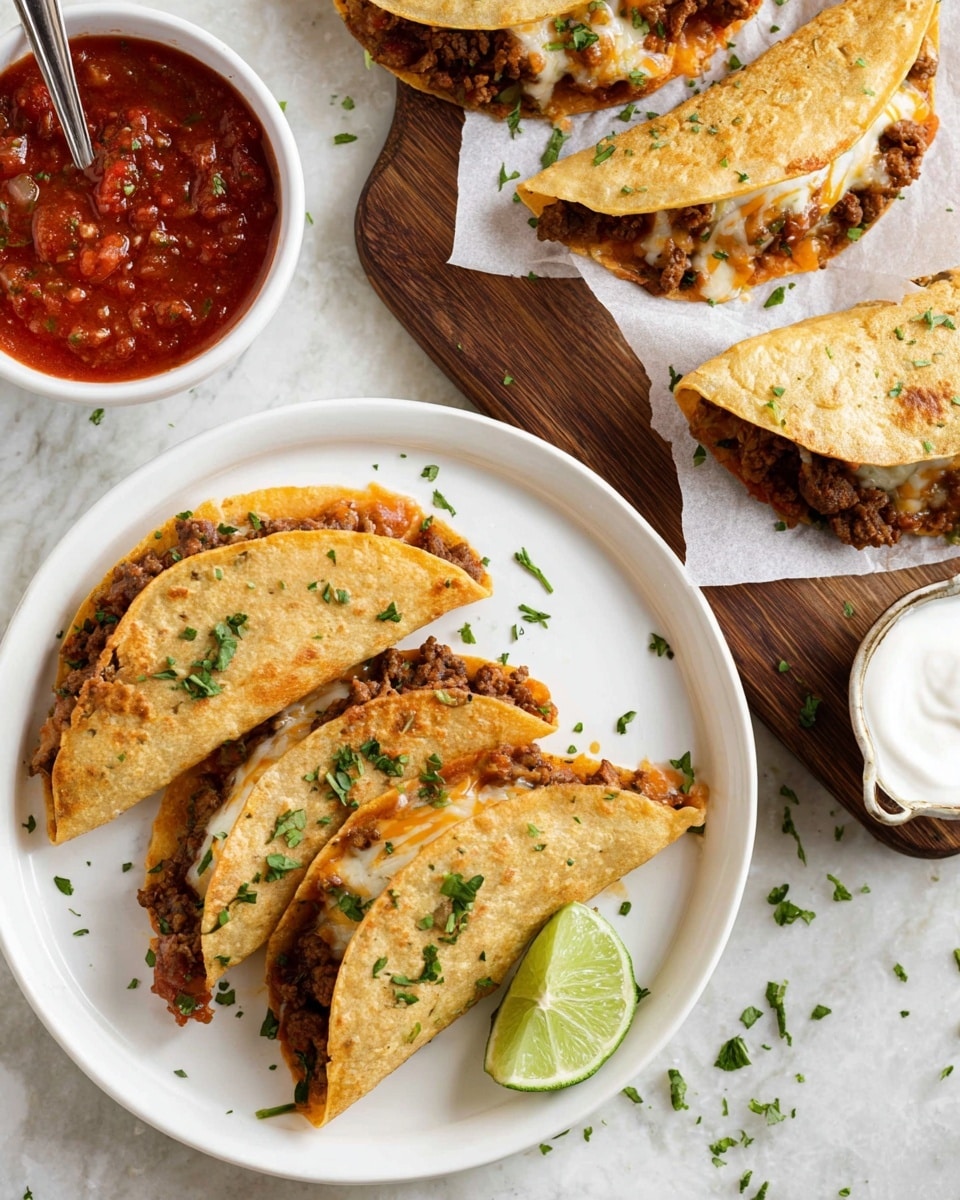 The image shows a white plate with three small tacos stacked on top of each other. Each taco has a folded light golden tortilla with visible cooked brown meat and melted cheese inside, sprinkled with small green herb pieces. To the side of the tacos on the plate, there is a half of a green lime. Above the plate, on a white marbled surface, there is a wooden board with three more tacos on white parchment paper, similar in look to the ones on the plate. To the left of the wooden board, there is a small white bowl filled with thick red salsa topped with herbs, and a spoon holding white sour cream next to it, with extra scattered green herb bits around. photo taken with an iphone --ar 4:5 --v 7