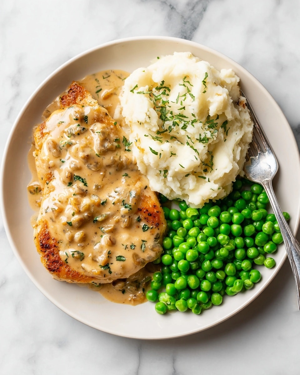 A white round plate on a white marbled surface holds three food sections: on the left, a golden-brown cooked chicken piece covered with a light tan creamy sauce with small bits of herbs and onions; on the top right, a mound of fluffy white mashed potatoes partly covered with the same creamy sauce; on the bottom right, a pile of bright green round peas. A silver fork rests next to the mashed potatoes. The whole dish has a warm, fresh look. photo taken with an iphone --ar 4:5 --v 7