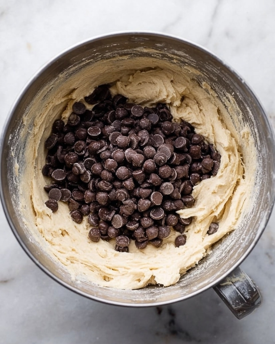 A metal mixing bowl holds a thick, pale beige dough spread around the sides and bottom with a pile of dark brown chocolate chips resting on top in the middle. The bowl is set on a white marbled surface and the dough looks creamy and slightly sticky with a rough texture near the edges. There is a metal handle attached to the bowl on the right side. photo taken with an iphone --ar 4:5 --v 7