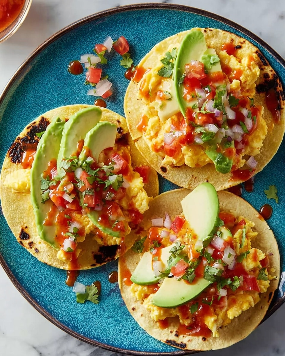 The dish shows three small round tortillas on a blue plate, each with four layers: the bottom layer is a soft yellow tortilla with charred spots; on top is a fluffy, pale yellow scrambled egg mixed with melted orange cheese; next are thin pale green slices of avocado arranged in a fan shape; the top layer is a mix of small red tomato chunks, finely chopped white onion, and green herbs, with some bright red sauce drizzled over everything. The plate sits on a white marbled surface. Photo taken with an iphone --ar 4:5 --v 7