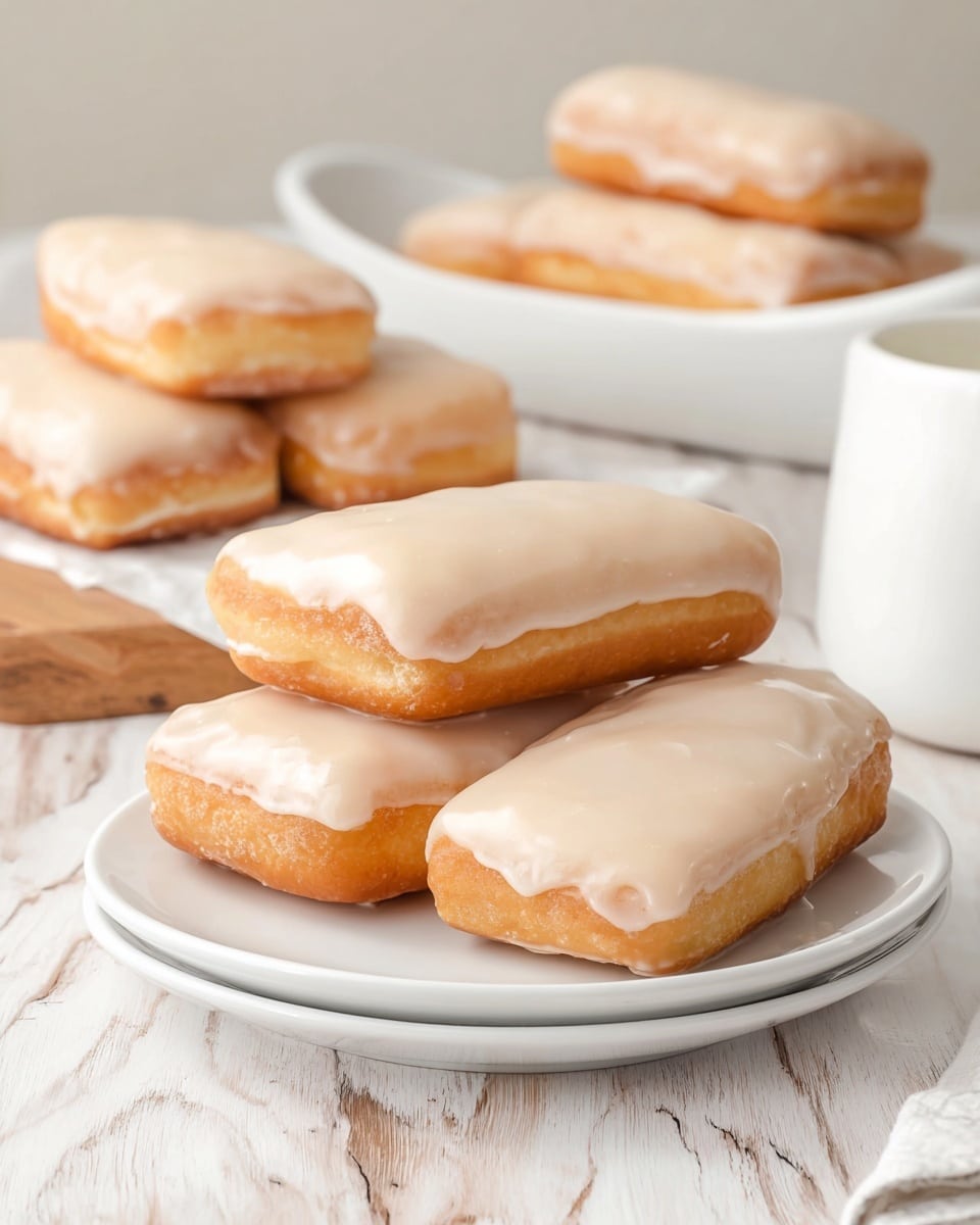 The image shows six rectangular pastries with two main layers on them. The bottom layer is a golden-brown fried dough with a soft texture, and the top layer is a smooth, light beige glaze that covers each pastry evenly. Two pastries are placed in the center of a stack of three simple white plates, while the other four pastries are on a white, oval-shaped dish in the background. The whole scene is set on a white marbled surface with light wooden boards. There is also a blurred white round container on the right side, adding to the background elements. photo taken with an iphone --ar 4:5 --v 7