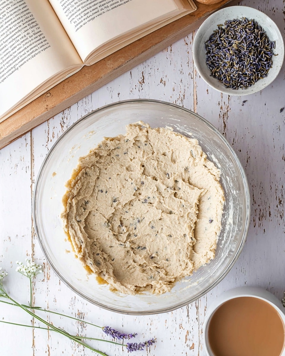 A clear glass bowl contains a thick, beige dough mixed with small dark flecks, spread evenly to cover the bottom of the bowl with visible texture from mixing. The bowl is set on a worn white wooden surface, next to an open book with visible text, a small white wooden bowl filled with dried dark tea leaves and fresh lavender sprigs on top, and a white cup filled with light brown tea or coffee partially out of the frame. Some small white flowers and lavender sprigs are scattered near the cup, adding a natural touch. Photo taken with an iphone --ar 4:5 --v 7