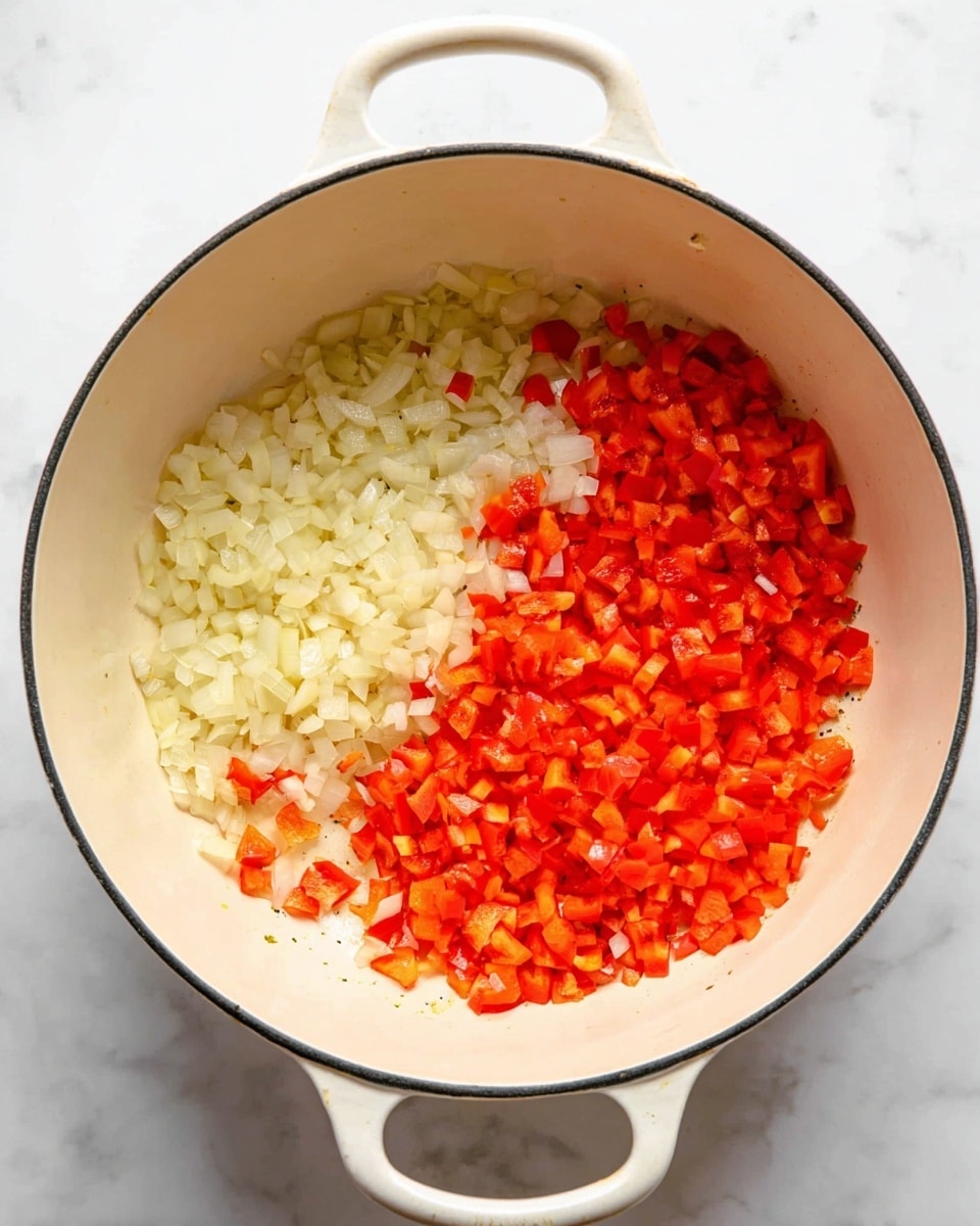 Inside a white cast iron pot with two handles, there are two clear layers of finely chopped vegetables. On the left side, there is a pale yellow layer of diced onions with a slightly moist texture. On the right side, next to the onions, is a bright red layer of finely diced red bell peppers. The pot sits on a white marbled surface, and the colors of the vegetables stand out clearly against the light interior of the pot. photo taken with an iphone --ar 4:5 --v 7