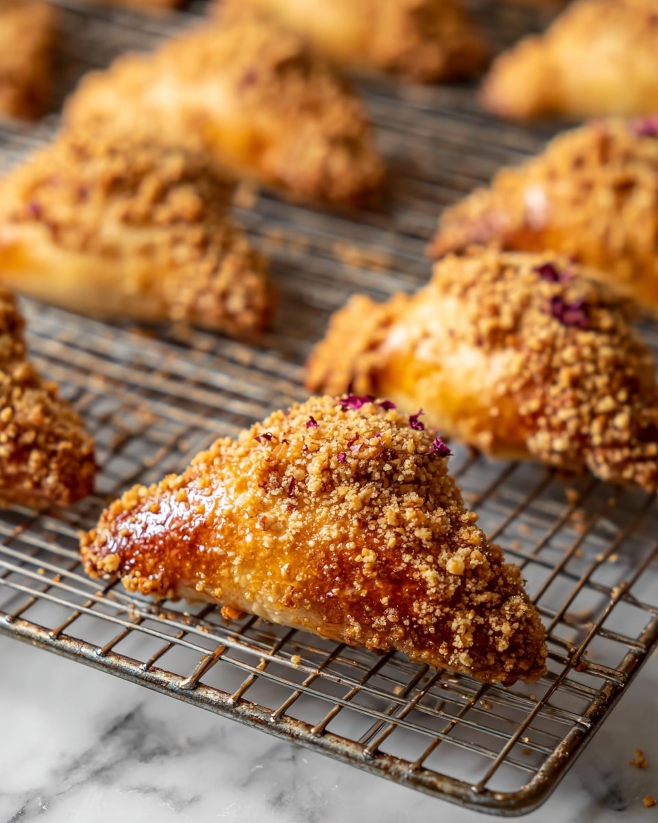 The image shows multiple triangular golden-brown baked pastries arranged on a metal cooling rack. Each pastry is covered mostly on one side with a crumbly light brown nut topping that looks crunchy, sprinkled with a few small purple flakes. The pastries have a shiny, slightly glazed surface with a textured crust underneath the topping. The cooling rack rests on a white marbled surface, creating a clean and bright background. The focus is sharp on the closest pastries, highlighting the contrast between the glossy pastry and the rough nut topping, while the background pastries blur softly. photo taken with an iphone --ar 4:5 --v 7