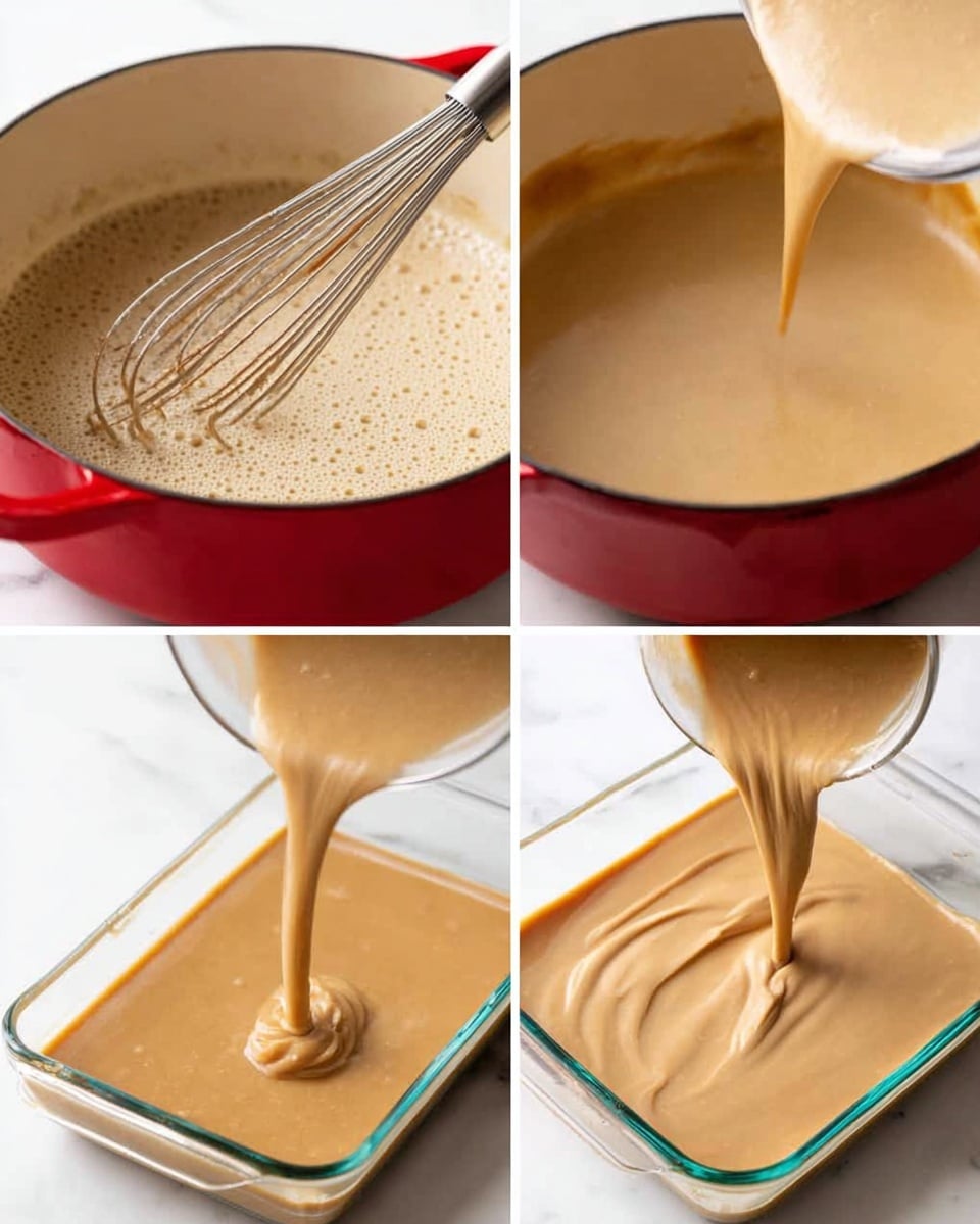 Four images show the process of making a smooth, light tan sauce in a red pot. The first image shows a foamy, bubbly light tan liquid being stirred with a metal whisk inside the pot. The second image shows the same pot with a thicker, creamy light tan sauce being whisked. The third image shows a close-up of the same sauce being poured from the red pot into a clear glass rectangular baking dish, flowing smoothly in thick ribbons. The last image shows the glass dish filled up with the smooth, glossy light tan sauce, evenly spread on top. All images have a white marbled surface background. Photo taken with an iphone --ar 4:5 --v 7