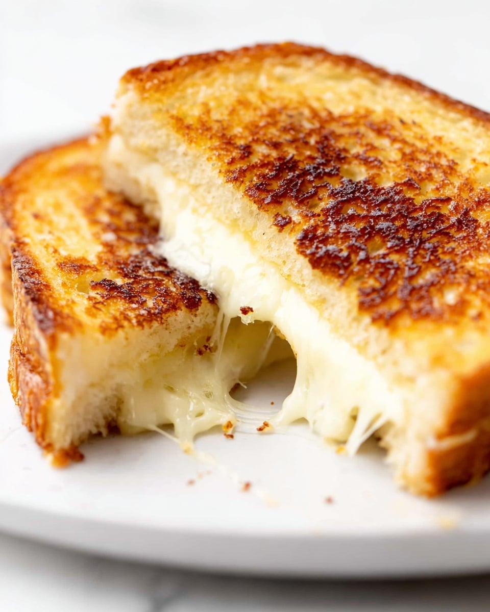 A close-up view of a grilled cheese sandwich cut into two pieces on a white plate with a white marbled background. The sandwich shows two thick layers of golden brown toasted bread surrounding a melted, stretchy white cheese layer inside. The cheese is soft and stringy, connecting the two halves. The edges of the bread are crisp and brown, with a few small toasted spots on top. Photo taken with an iphone --ar 4:5 --v 7