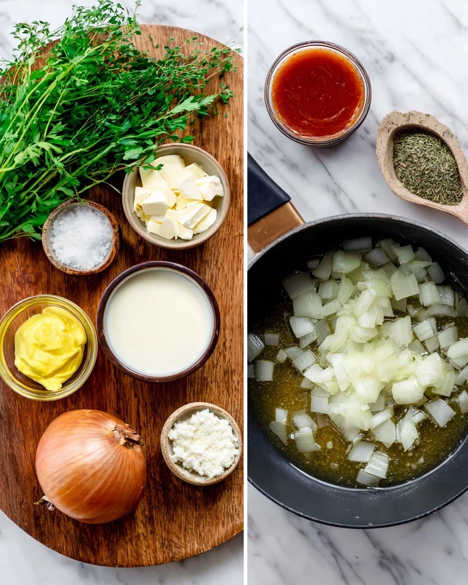 The image shows two parts: on the left, several ingredients are arranged on a wooden board, including a bunch of fresh green herbs, a whole onion with a brown skin, a small bowl of yellow mustard, a small bowl of white butter, a small bowl of creamy white yogurt, and a small bowl of reddish sauce. On the right, there is a black saucepan on a white marbled surface with chopped white onions frying in melted butter, with the butter bubbling around the onion pieces. photo taken with an iphone --ar 4:5 --v 7