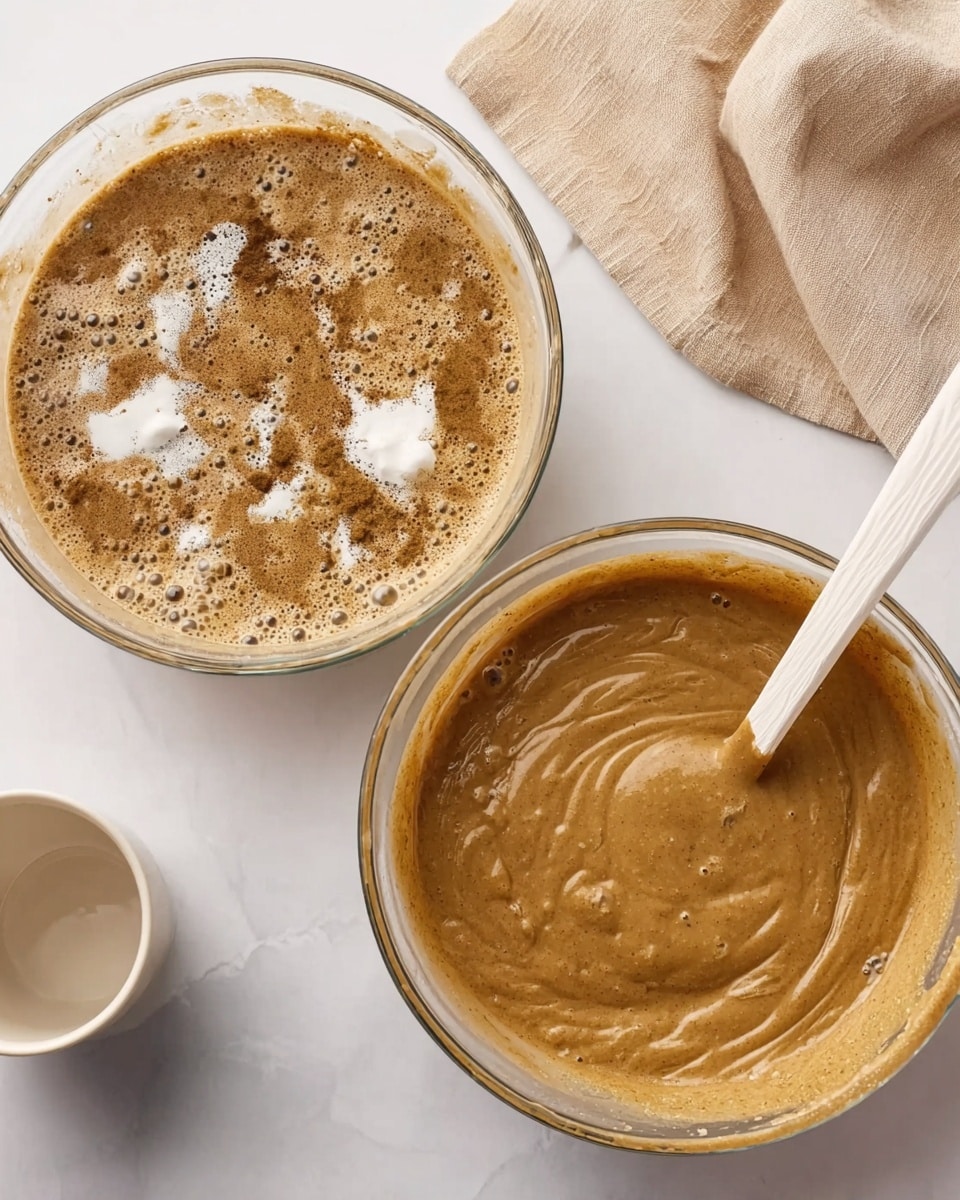 The image shows two clear glass bowls on a white marbled surface side by side. The left bowl contains a mixture with a light brown, bubbly, and foamy thick liquid, with dollops of white cream and darker brown powder on top, creating texture spots. The right bowl holds the same mixture after stirring, showing a smooth, creamy, uniform light brown batter with ripples from stirring, and a white spatula with light beige edges resting in the bowl. In the background, there is a white cup and beige cloth loosely placed. Photo taken with an iphone --ar 4:5 --v 7