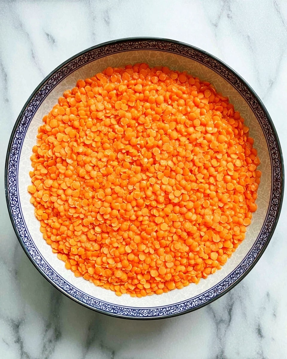 A close-up top view of a single dish filled with one layer of small orange lentils spread evenly inside a white bowl with a decorative blue rim, sitting on a white marbled surface. The lentils have a smooth texture and bright color, filling the entire visible part of the bowl. photo taken with an iphone --ar 4:5 --v 7