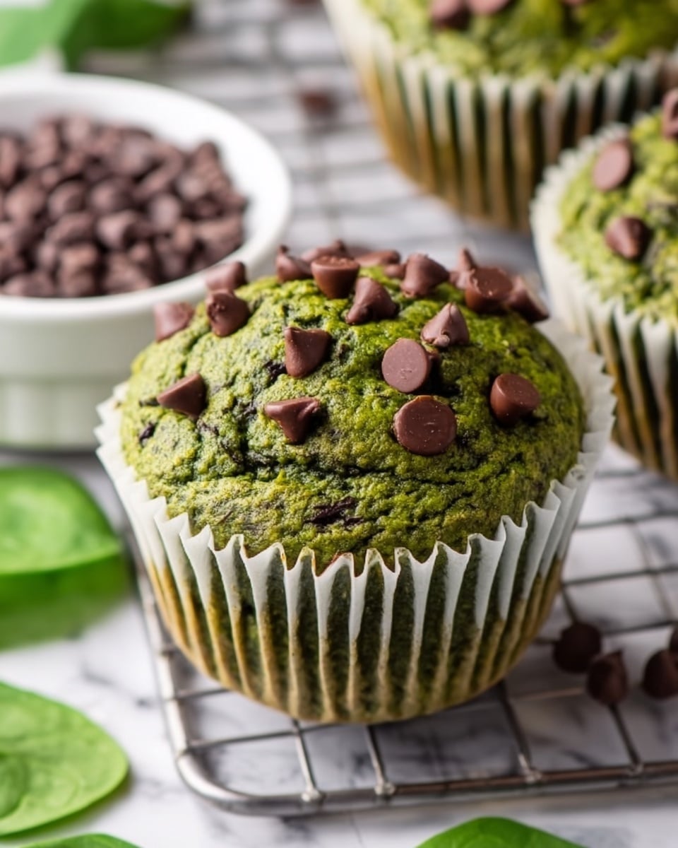 A close-up view of a single green spinach muffin topped with dark brown chocolate chips, sitting on a metal cooling rack. The muffin is wrapped in a white paper liner and has a textured, slightly bumpy top with scattered chocolate chips melted and firm. Around the muffin, there are fresh green spinach leaves and part of a white bowl filled with more chocolate chips. The background is a white marbled surface. photo taken with an iphone --ar 4:5 --v 7