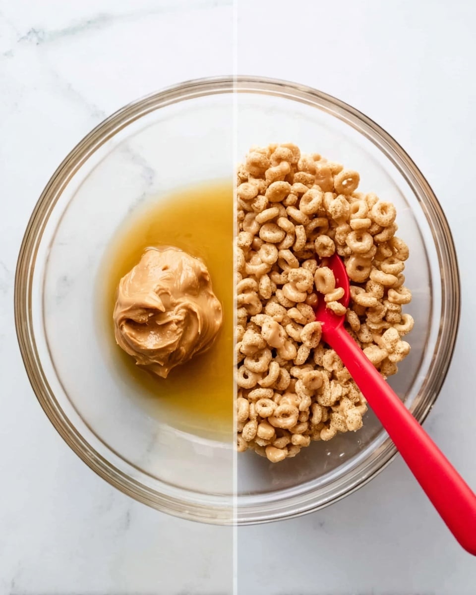 A clear glass bowl sits on a white marbled surface, containing a small dollop of smooth light brown peanut butter resting in a pool of golden liquid, likely honey. Next to it, the same bowl is filled with light tan cheerio-like cereal pieces, mixed with the peanut butter and honey blend visible at the bottom. A red spoon is inside the bowl, partly stirring the mixture. photo taken with an iphone --ar 4:5 --v 7