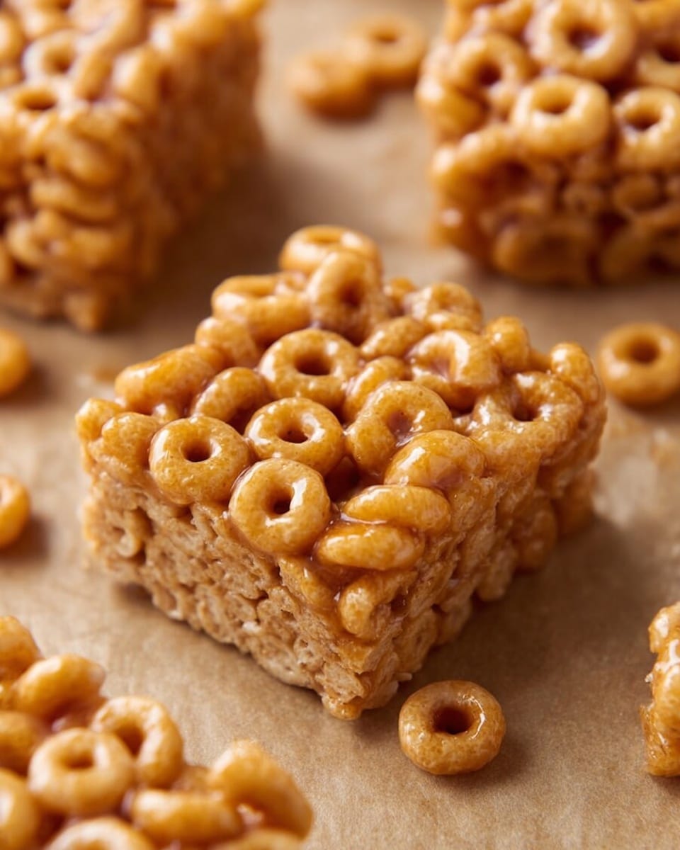 The image shows squares of a crunchy cereal treat made of round, honey-colored cereal loops mixed with a sticky, shiny binding layer that holds them together tightly. The treat looks thick with two visible layers: the top layer is made of whole cereal rings coated in a glossy syrup, and underneath is a denser, slightly textured layer that holds the cereal compact. The squares are placed on a light brown paper surface with more cereal pieces scattered around. The close-up shot highlights the glossy texture and the round shape of each cereal piece. Photo taken with an iphone --ar 4:5 --v 7