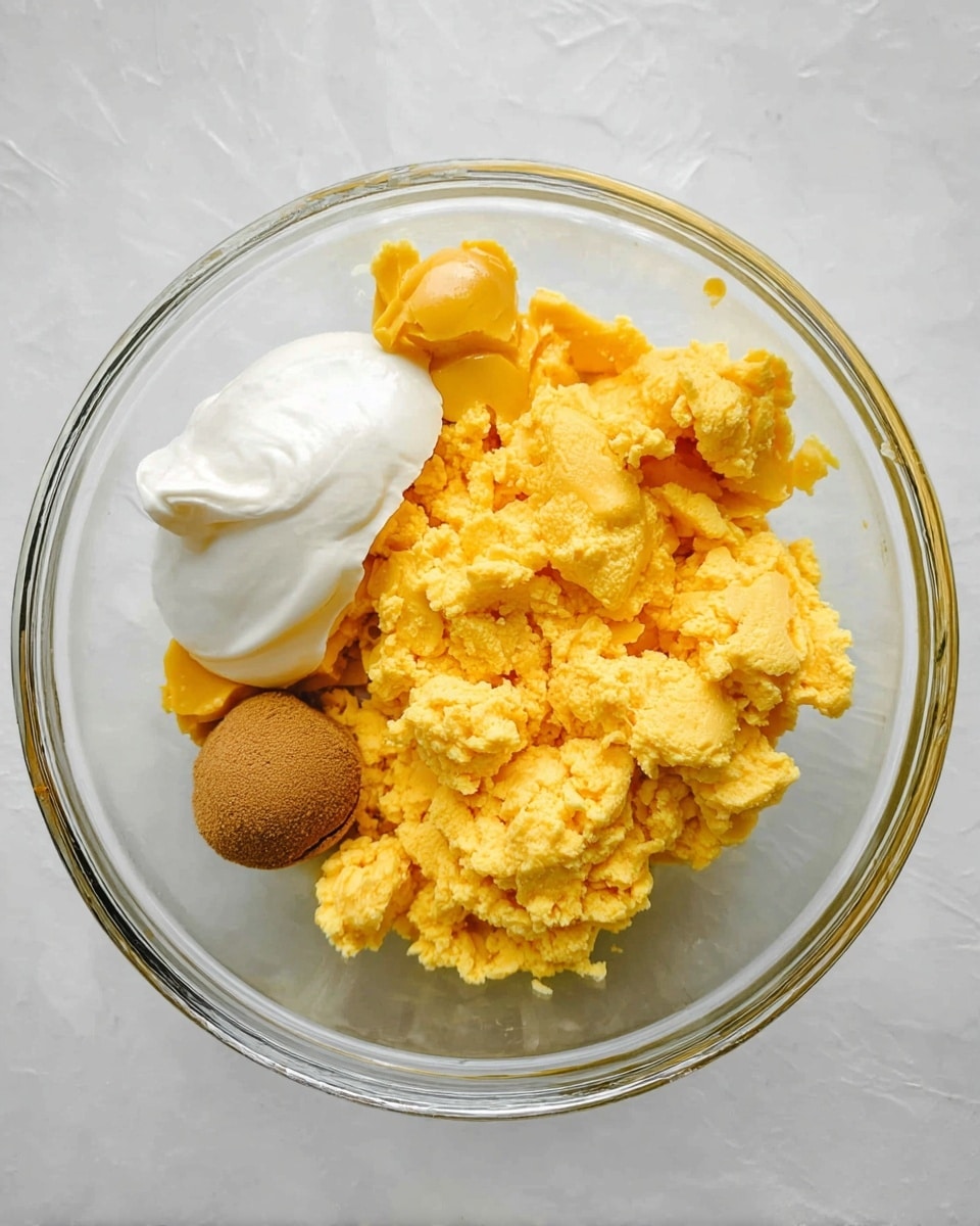 A clear glass bowl on a white marbled surface holds three main ingredients in three parts: a large portion of bright yellow broken egg yolks fills most of the bowl with a crumbly texture, a small dollop of thick white mayonnaise is on the left side, and a small round scoop of brown mustard sits just beside the mayonnaise. The colors contrast strongly, and the bowl curves gently around the ingredients. Photo taken with an iphone --ar 4:5 --v 7