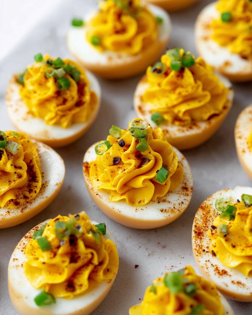 The image shows many halved eggs with light brown shells and white interiors, each filled with a bright yellow creamy mixture that is swirled in a decorative pattern on top. The yellow filling is topped with small pieces of chopped green onions and sprinkled with dark spices. The eggs are placed on a white marbled surface, arranged closely together with the filling standing tall above each egg half. The texture contrasts between the smooth egg whites, creamy filling, and the small green onion pieces create a visually appealing pattern. photo taken with an iphone --ar 4:5 --v 7
