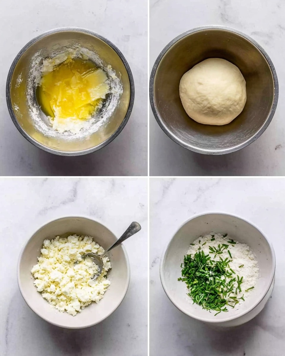 The image shows four parts of a cooking process placed in a grid on a white marbled surface. The first frame has a silver mixing bowl with yellow melted butter and white flour inside. The second frame shows the same silver bowl with a smooth, round dough ball placed in the center. The third frame again shows the silver bowl with the dough ball, now slightly larger and puffed up. The fourth frame has a white bowl with grated white cheese, small white curds, and finely chopped green herbs on one side; a spoon rests inside the bowl among the ingredients. Photo taken with an iphone --ar 4:5 --v 7