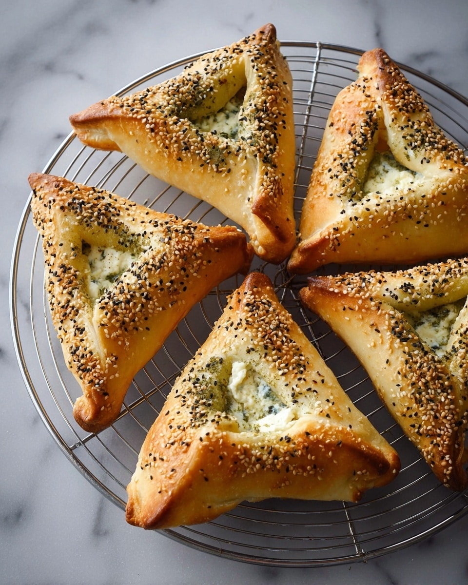 Five golden brown triangular baked pastries sit on a round metal cooling rack against a white marbled surface. Each pastry has a thick, slightly glossy crust sprinkled with black and white sesame seeds. The center of each pastry is hollow and filled with a mixture of white cheese and small green herbs, creating a contrast of creamy textures and fresh green flecks. The pastries have a puffy, soft look with browned edges that suggest a crispy finish. Photo taken with an iphone --ar 4:5 --v 7