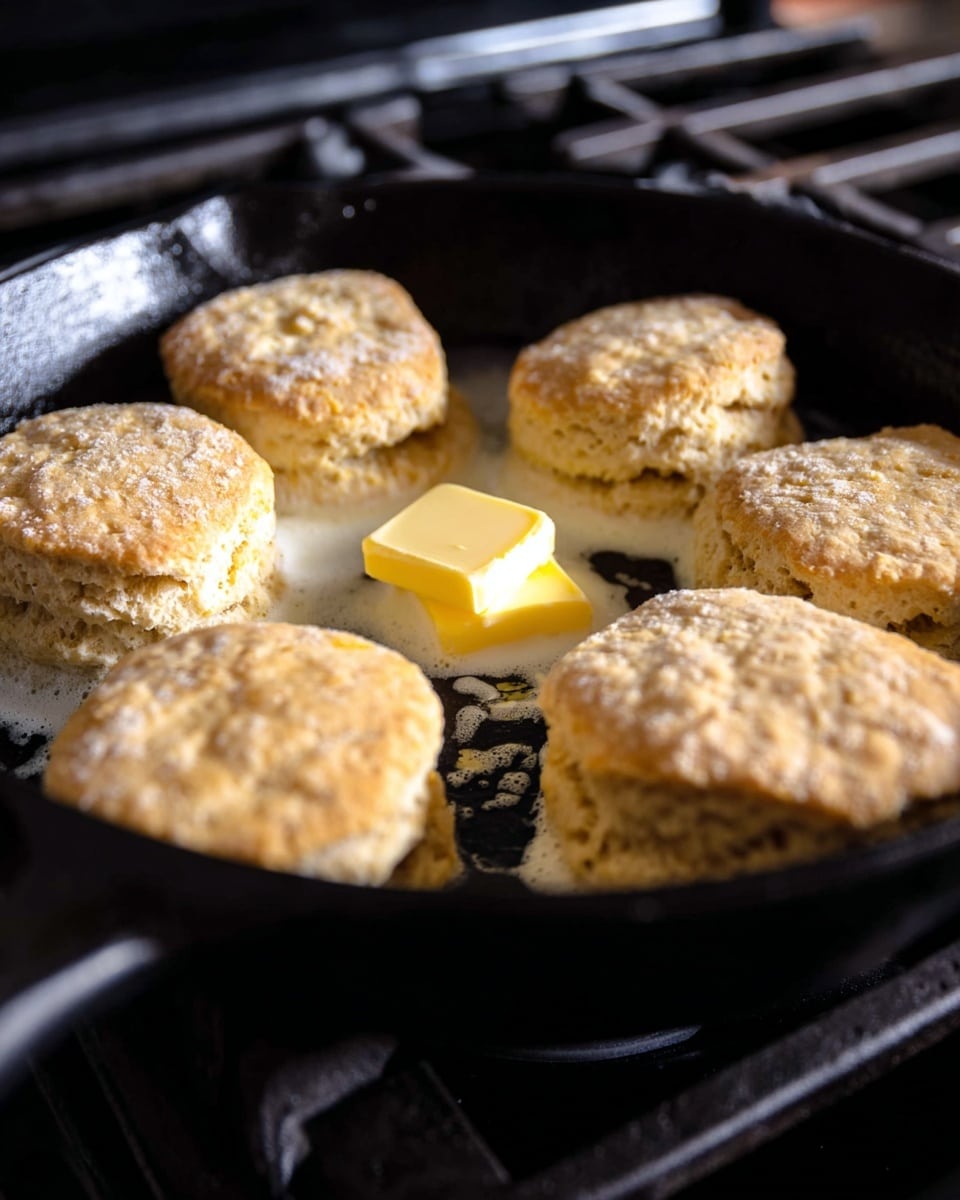 A close-up view of six light golden biscuits with a slightly rough texture, arranged in a black cast iron pan. Two small pats of solid yellow butter sit on top of two biscuits in the middle, starting to melt and blend with a thin white liquid around the biscuits. The pan rests on a stove with visible burners in the background. The overall setting shows the biscuits ready to bake or cook, with a warm and cozy kitchen feel. Photo taken with an iphone --ar 4:5 --v 7