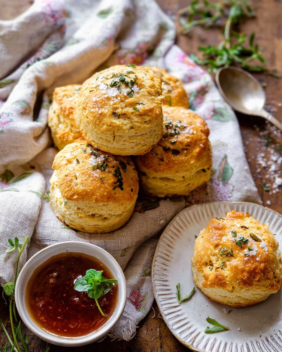 The image shows a group of six golden brown biscuits with a slightly rough texture and flaky layers. The top biscuit is sprinkled with small green herb leaves and coarse salt flakes, giving a fresh and crunchy look. Five biscuits are placed together on a soft, light-colored cloth with a floral pattern, while one biscuit is on a round white plate with a ridged edge nearby. A small white bowl with a dark amber sauce, garnished with a green herb, is placed beside the biscuits. The setting is on a wooden surface with some scattered green herbs and a metal spoon partially visible in the corner. The photo taken with an iphone --ar 4:5 --v 7
