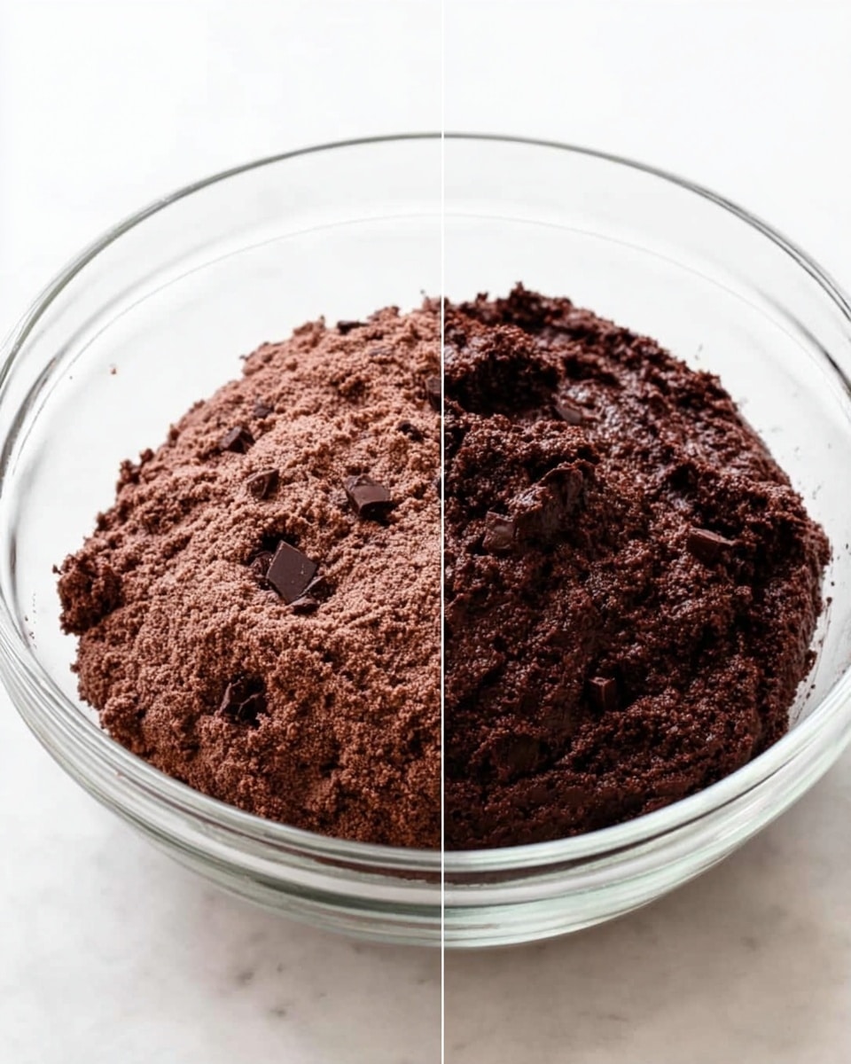 A clear glass bowl filled with dark brown chocolate dough mixed with chunks of chocolate, showing a rough and airy texture. The dough is high and dome-shaped, filling most of the bowl, with visible small pieces of chocolate embedded on the surface. The bowl sits on a white marbled surface. photo taken with an iphone --ar 4:5 --v 7