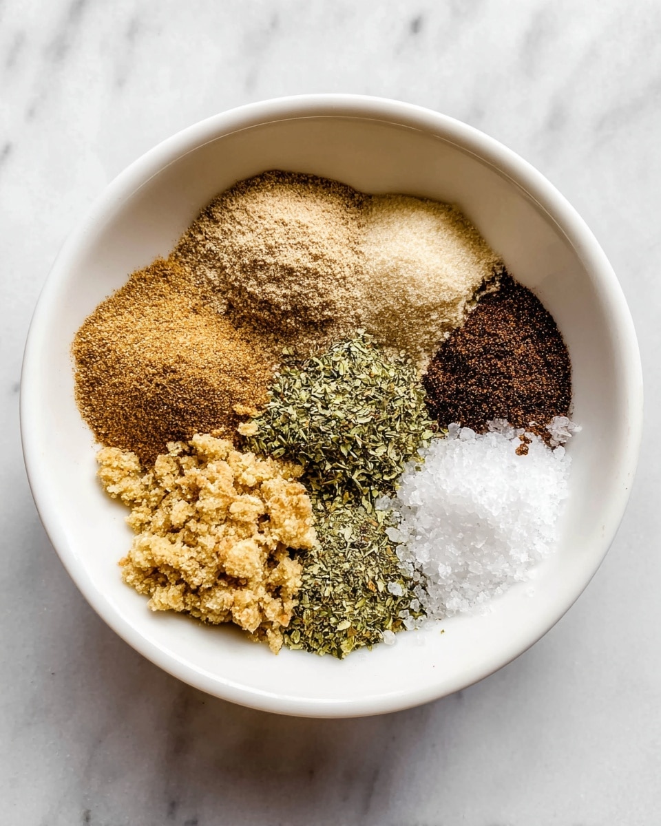 A white bowl on a white marbled surface holds seven different spices and herbs arranged in separate small piles. Starting from the top left, there is a light brown powder, next to it on the right is a pale beige powder. Below those, there is a dark brown powder beside a pile of coarse white salt on the far right. Near the bottom center is a sprinkle of dry green leafy herb, next to it on the left is a pale yellowish powder, and the largest pile on the left is a crumbly, golden brown mixture. The spices and herbs are all finely ground or chopped, showing textures from powdery to crumbly. photo taken with an iphone --ar 4:5 --v 7