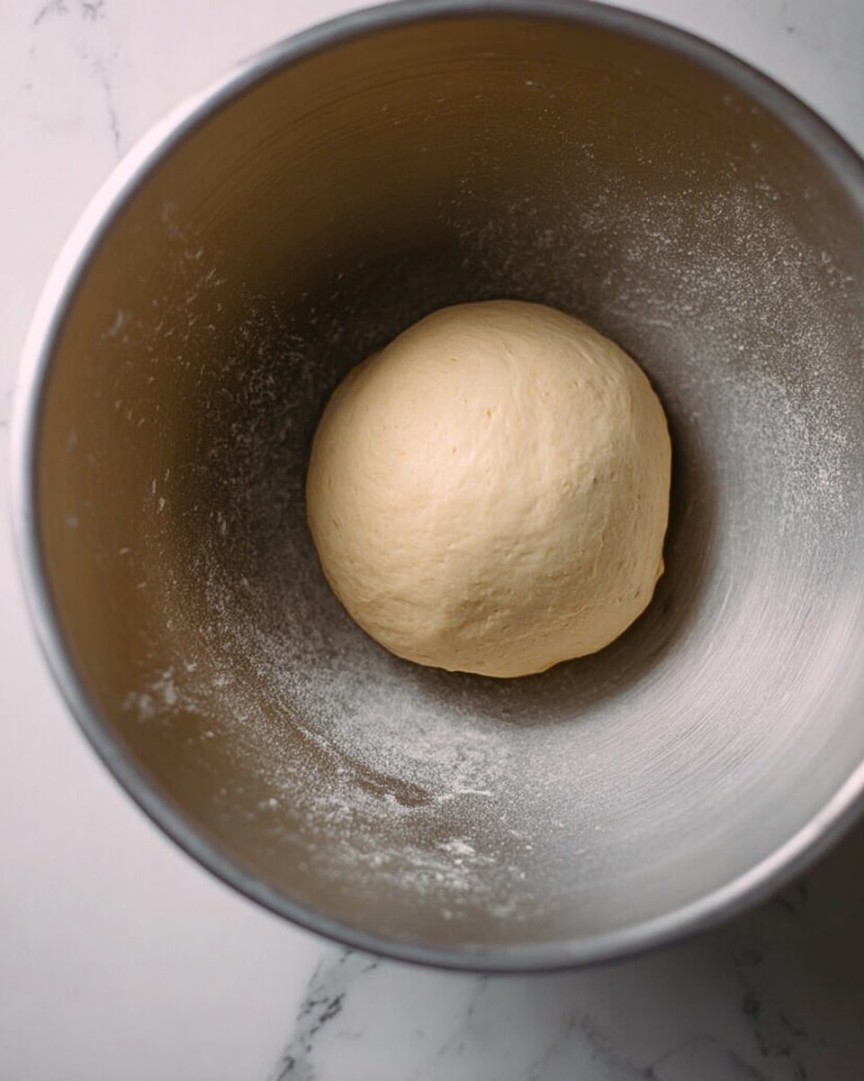 A smooth, round ball of light beige dough sits in the middle of a large, silver metal bowl. The dough looks soft and evenly shaped, resting against the inner walls of the bowl which show some light flour dust. The bowl itself contrasts with the white marbled surface it is placed on, giving a clean, simple look. photo taken with an iphone --ar 4:5 --v 7