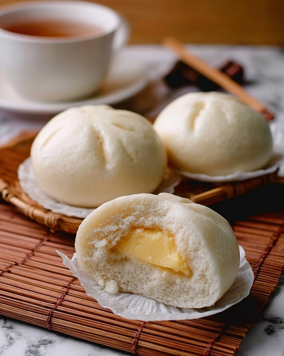The image shows soft white steamed buns, three in total, with smooth round tops. Two buns sit whole on white paper liners, while one bun in the front is split open, showing a thick pale yellow filling inside. The buns are placed on a brown bamboo mat on a white marbled surface, with a cup of tea in a white cup and saucer blurred in the background. The texture of the buns looks fluffy and light. photo taken with an iphone --ar 4:5 --v 7