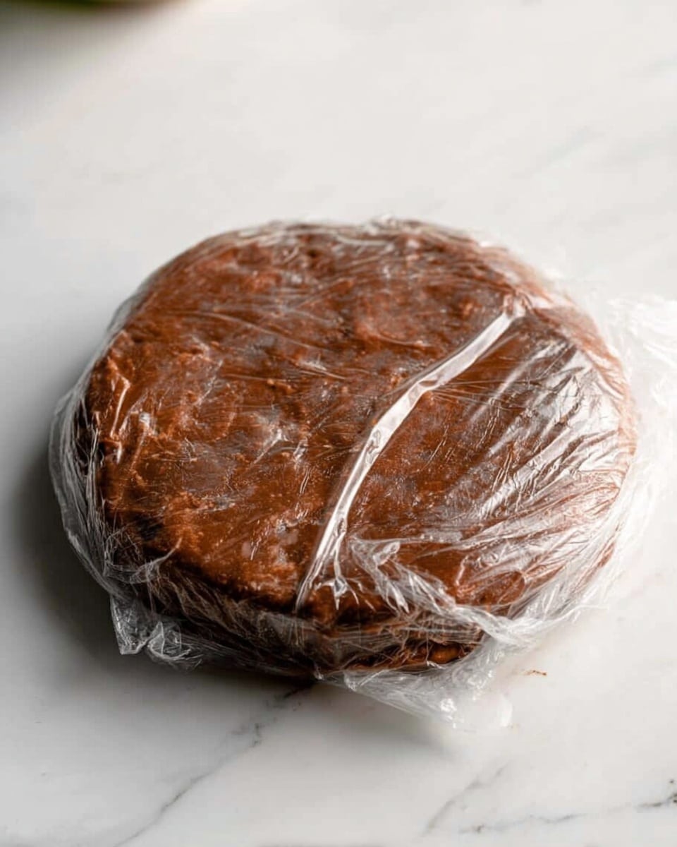 The image shows a round, thick layer of dark brown dough wrapped tightly with clear plastic wrap, placed directly on a white marbled surface. The dough has some lighter spots and an uneven texture, with the plastic wrap clinging closely to its shape, causing slight wrinkles and reflections on the surface. There are no other visible layers or elements in the image. Photo taken with an iphone --ar 4:5 --v 7