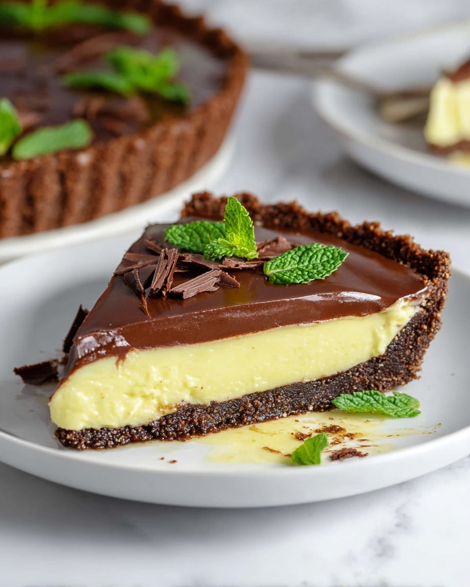 A slice of tart is placed on a white plate on a white marbled surface. The tart has three layers: a dark brown crunchy crust on the bottom and sides, a thick light yellow creamy middle layer, and a thick smooth dark chocolate top layer with a shiny finish. The top is decorated with small green fresh mint leaves and a few thin chocolate shavings near the crust edge. A bit of the creamy yellow layer is soft and slightly oozing onto the plate. The background shows more of the whole tart with similar layers and decoration, slightly out of focus. Photo taken with an iphone --ar 4:5 --v 7