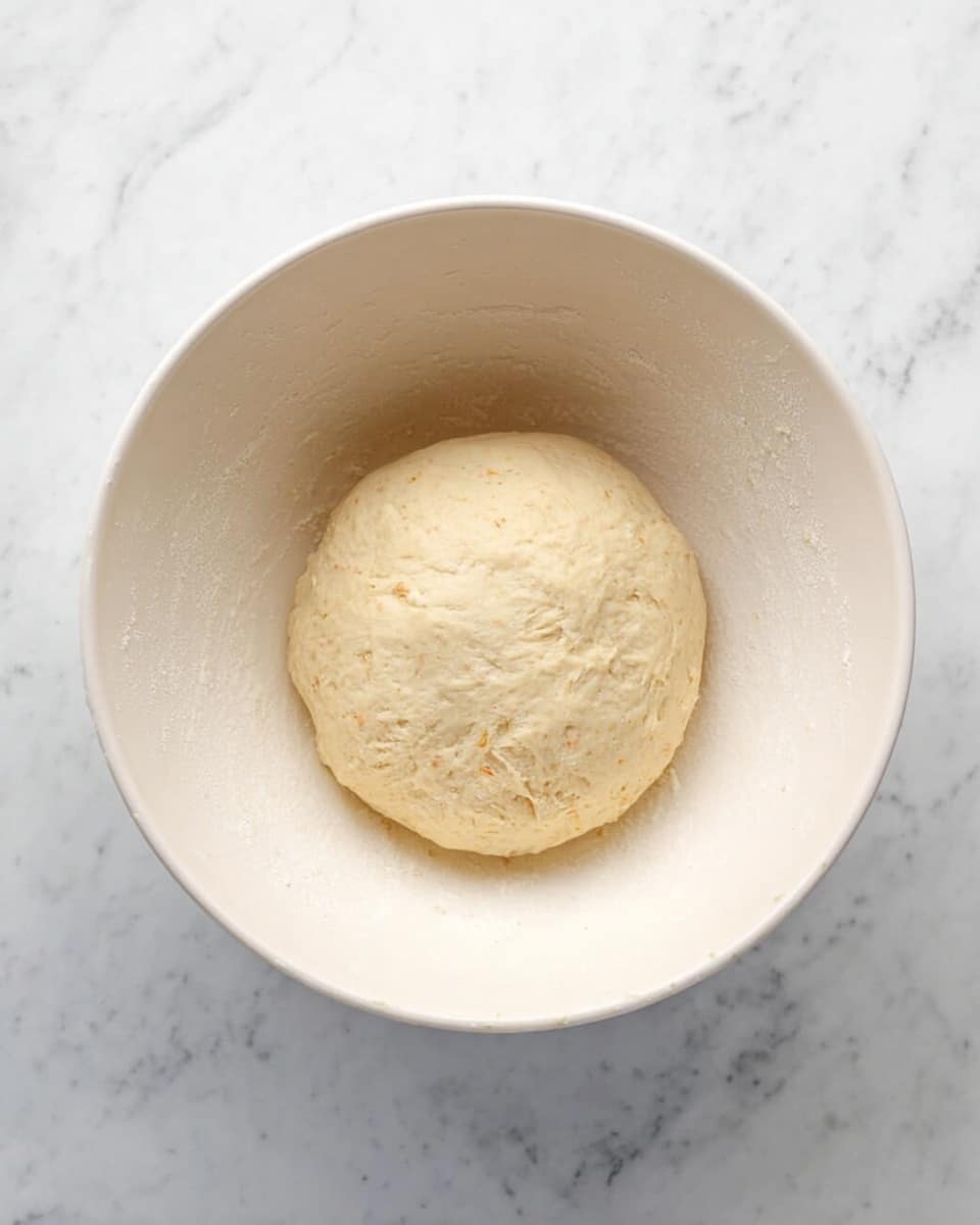A smooth, slightly sticky ball of dough with a pale beige color sits centered inside a large white bowl. The dough has a soft texture with small bits showing lightly through the surface, indicating ingredients mixed inside. The bowl is placed on a white marbled surface, which contrasts gently with the dough. The sides of the bowl show faint smears from the dough, adding a natural touch to the scene. photo taken with an iphone --ar 4:5 --v 7