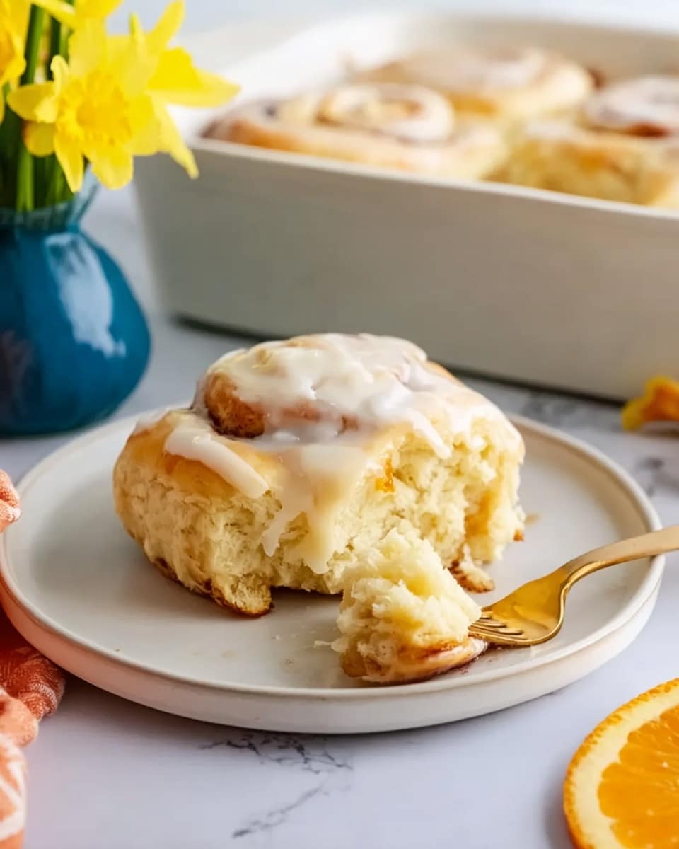The image shows a single round cinnamon roll on a white plate with smooth texture and a glossy white glaze on top, making the surface look shiny. The cinnamon roll has one visible layer of soft, golden dough wrapped around a cinnamon filling, with the inner dough appearing light and fluffy where a piece has been taken out. A gold fork holds a piece of the roll in front of it. In the back, part of a white rectangular baking dish with more cinnamon rolls is slightly blurred. To the left side, there is a small blue pot with bright yellow flowers, and a round orange slice on the right side of the frame. The background and surface are white marbled texture. photo taken with an iphone --ar 4:5 --v 7