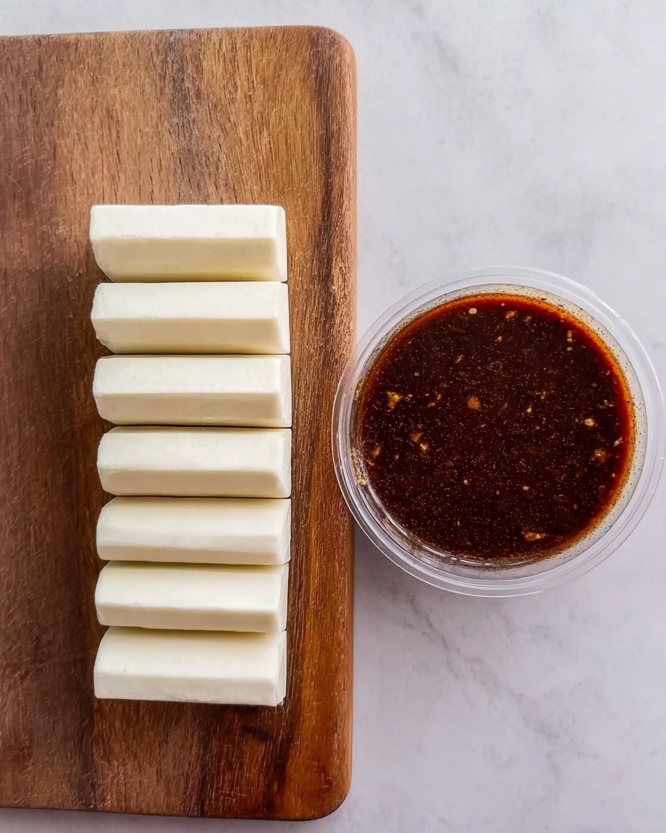 The image shows two separate items on a white marbled surface. On the left side, there are six long, thick bars of a white, smooth, solid block aligned next to each other on a wooden board with a natural grain pattern. On the right side, there is a clear plastic container filled with a dark brown sauce that has a shiny, smooth texture with small visible bits throughout. The contrast between the white bars and the dark sauce is clear. photo taken with an iphone --ar 4:5 --v 7
