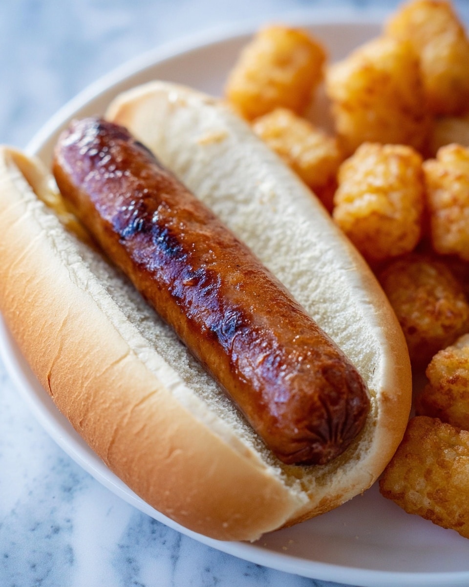 A hot dog with a single browned sausage placed inside a soft white bun, showing a slight crisp on the top of the sausage. The bun is open-faced and appears soft and fluffy with a light texture. Next to the hot dog on the white plate are several golden-brown tater tots with a crispy exterior. The background is a white marbled texture. Photo taken with an iphone --ar 4:5 --v 7