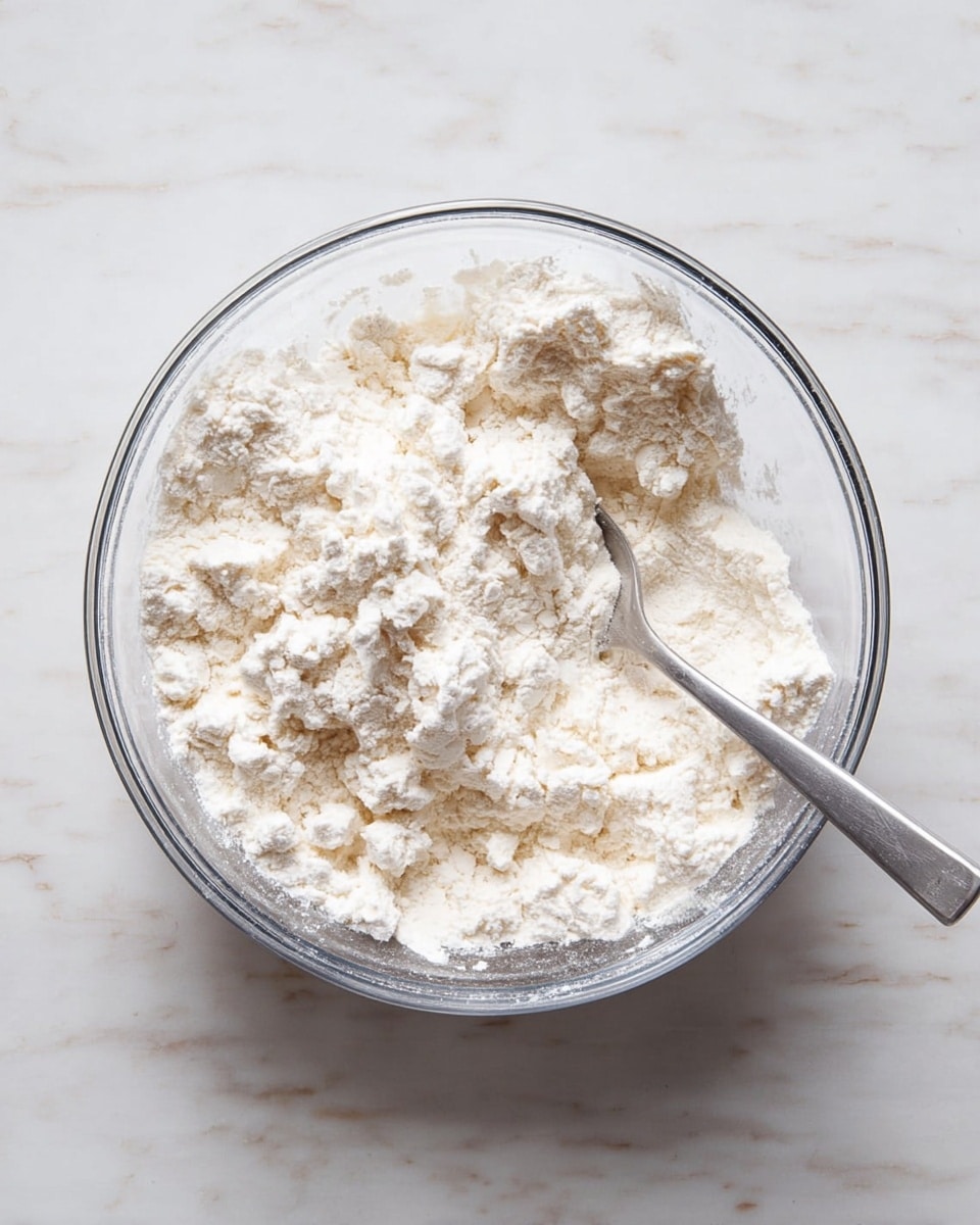A clear glass bowl filled with a white powdery and lumpy mixture sits on a white marbled surface. Inside the bowl, the mixture shows clumps of dry flour-like texture combined with some wet parts, creating rough, uneven shapes. A silver spoon rests inside the bowl, partially immersed in the mixture, extending towards the right side of the image. The overall color scheme is soft white with slight shades of cream in the mixture. photo taken with an iphone --ar 4:5 --v 7